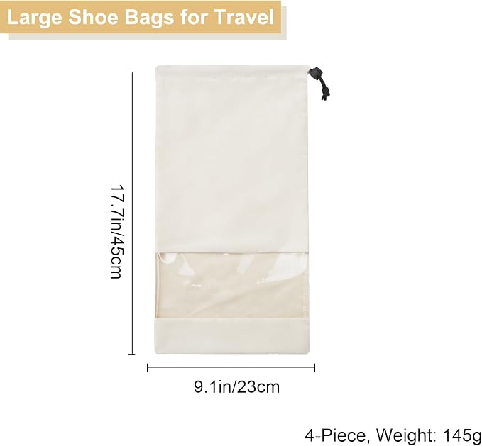 4 Pcs Single Shoe Bags for Travel, 9.1"x17.7" Drawstring Shoe Travel Bags with Clear TPU Window, Travel Organizer for Suitcase (Beige)