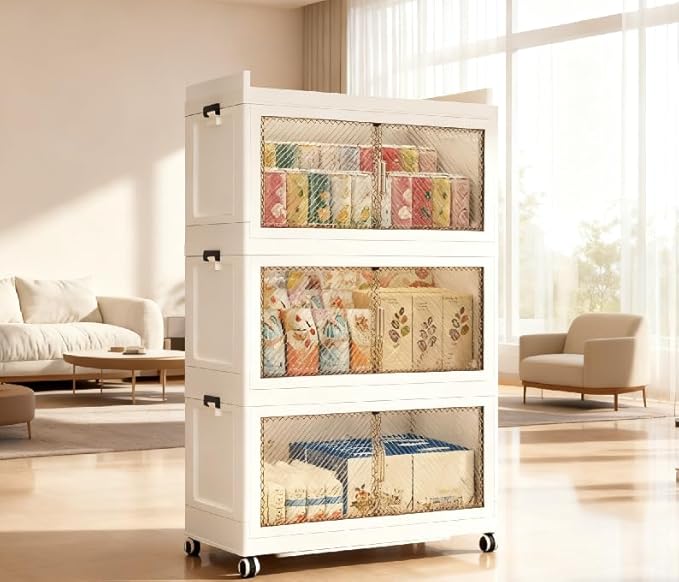 472QT Stackable Storage Bins with Lid,118Gal Closet Organizers and Plastic Cabinets Shelves, Collapsible Drawers, Foldable Boxes with Wheels for Home Office, 3Pack (Clear Door, 31inch)