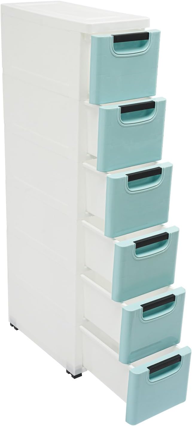 6 Drawers Narrow Storage Cabinet, Stackable Plastic Storage Tower Slim Utility Organizer for Kitchen Bathroom Living Room Office (Blue)