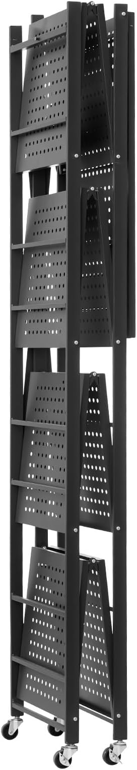 VEVOR 5-Tier Foldable Storage Shelf, 28W x 15D x 64H Inch Folding Metal Rack Shelving Unit, No Assembly Organizer Shelf with 5 Wheels & 4 Hooks for Pantry, Kitchen, Garage, Basement, Black