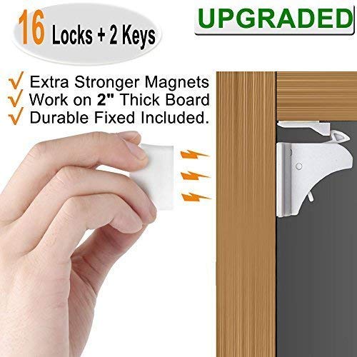 Vmaisi Child Safety Magnetic Cabinet Locks Baby Proofing 16 Locks & 2 Keys | Children Proof Baby Locks - Adhesive or Screws Fixed for Cabinets and Drawers Protection