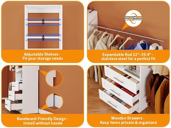 Closet System with 2 Sets, 4FT-10FT Closet Organizer Systems with 3 Wooden Drawers 7 Shelves & 3 Hanging Rods, Walk in Closet freestanding Corner Modular Closet Storage System White (4FT)