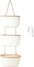 TeoKJ Over the Door Hanging Basket, 3-Tier Woven Cotton Wall-Mounted Storage Organizer Bag Decorative Hanging Nursery Baskets, White & Dark Brown