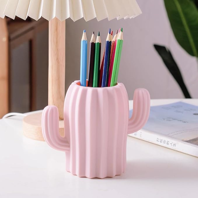 Silicone Pen Holder Cactus Pencil Holder Cute Pens Cup for Desk for Kids Office Decor Desk Accessories Makeup Brush Holder, Toothbrush holder Gift for Girls (Pink)