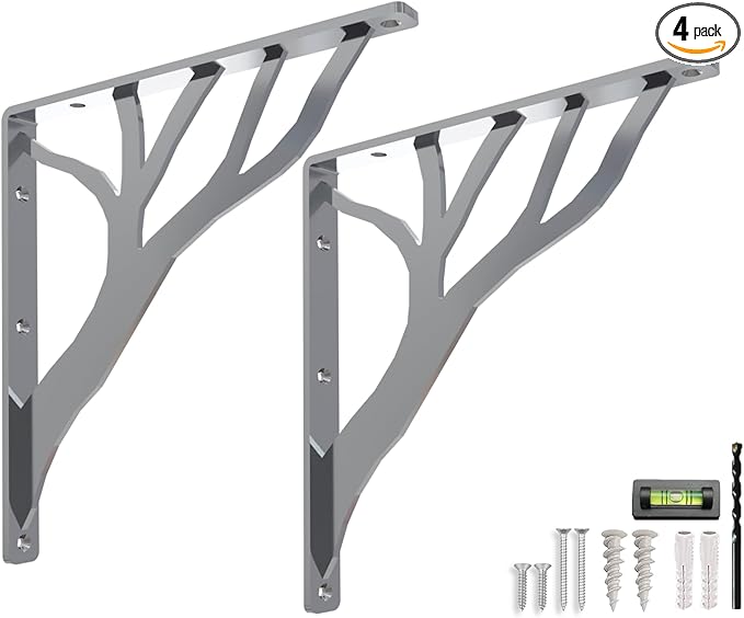 Rustic Tree Chrome Heavy Duty Shelf Brackets 12 inch by Balin Designs, Silver Decorative L Brackets, Iron Metal Floating Shelf Bracket, Wall Mount Shelving Bracket, Included Hardware, Set of 2