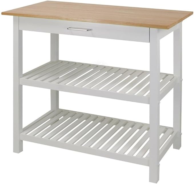 Furnifact Solid Wood Kitchen Island with Drawer, 2 Open Shelves, White Base and Natural Top, Island Table for Kitchen Storage and Food Prep