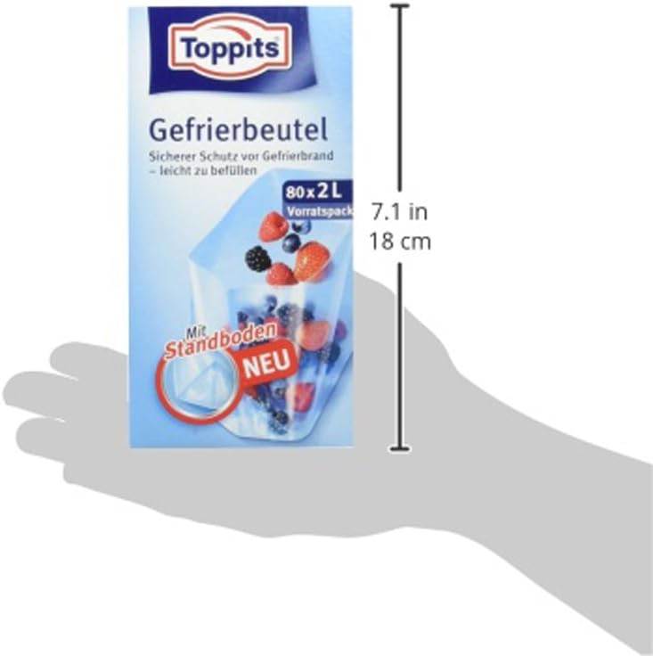 Melitta Toppits Freezer Bags Storage Pack, 2L, 80 Reusable Pieces, Stand-Alone, Transparent, Tear-Resistant 3-Layer Polyethylene Film