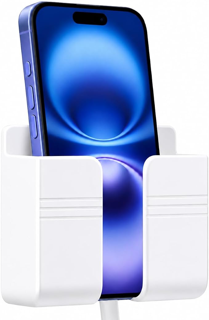 Wall Phone Holder, Adhesive Phone Wall Mount with Cable Hole, Bathroom Bedside Kitchen RV Phone Holder Compatible with iPhone, Android Phones and Remote Controls (White)