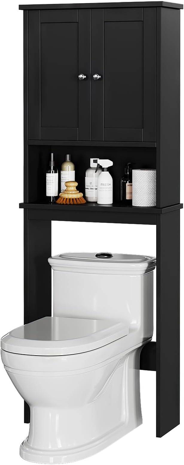 Over The Toilet Storage Cabinet for Bathroom, Black Bathroom Storage Over Toilet, Space Saver W/Adjustable Shelf and Open Shelf, Black