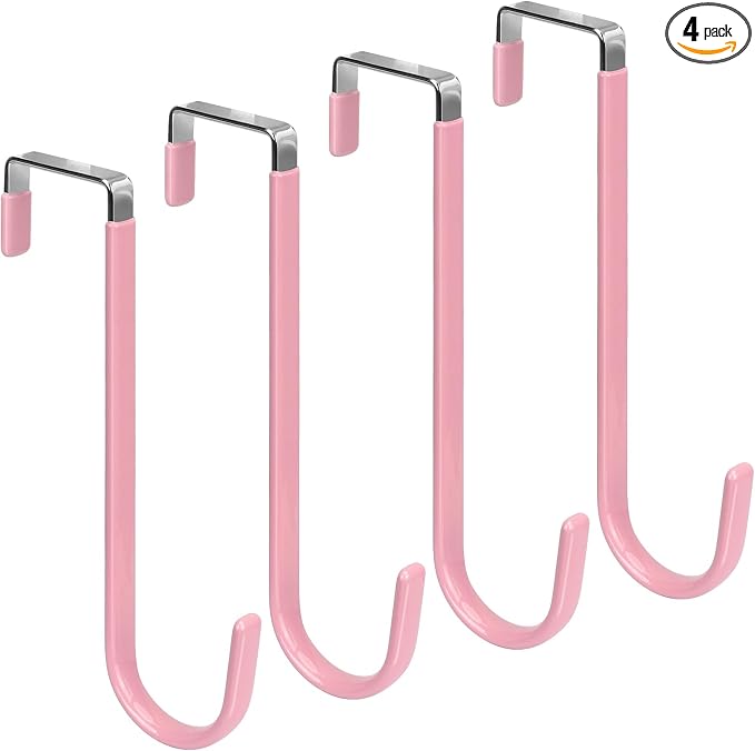 FYY Over the Door Hooks, Single-Hanger 4 Pack, Fits Doors 1.6" Pink | Heavy Duty Metal, Hold 20lbs, Rubber-Coated, No-Drilling, for Bathroom Dorm, Hanging Towels Clothes Hats Bags Coats Wreaths