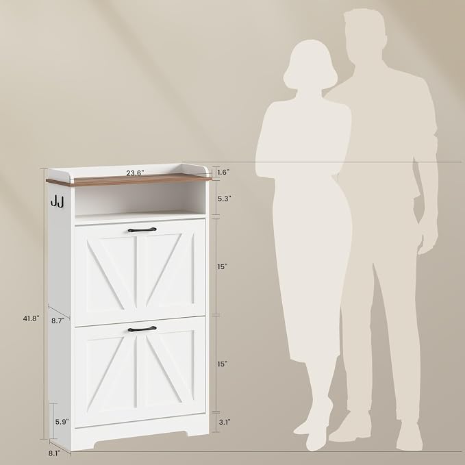 Shoe Cabinet Organizer with 2 Flip Drawers, Farmhouse Narrow Shoe Storage Cabinet with 2 Adjustable Shelves & 2 Hooks, 23.6"W x 8.7"D x 41.8"H Shoe Rack for Entryway, Foyer, Hallway, White