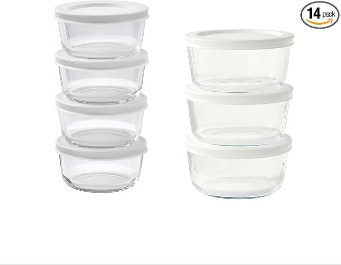 14-Piece Glass Food Storage Containers Set (7 Containers + 7 BPA-Free Lids) | 1-Cup & 2-Cup, Leakproof | Microwave, Freezer, Oven & Dishwasher Safe | Ideal for Meal Prep & Pantry Organization, White