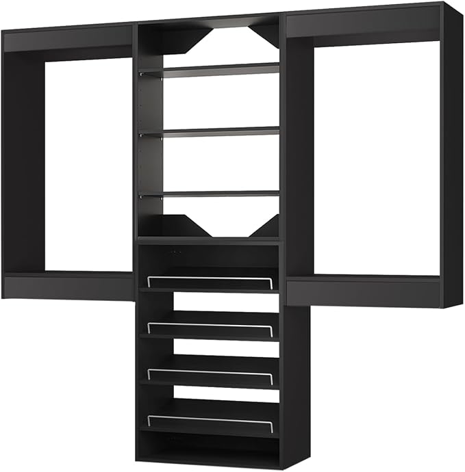 ROOMTEC Modular Closet System, 96" Wall Mounted Closet Organizer with Hanging Rods and Shoe Shelf, Wooden Tower for Walk-In Closets, Wardrobe Storage Kit, Black