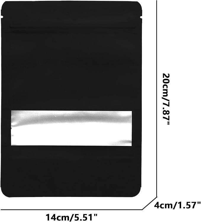 100PCS Foil Pouch Mylar Bags with Clear Window,ULIFESTAR Stand Up Sealable Bags with Tear Notches,Resealable for Food,Party Favors,Gift Packaging and Small Business(14 * 20cm/5.51 * 7.87",Black)
