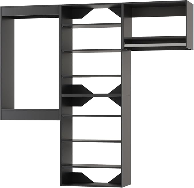Modular Wardrobe Organizer, 90" Wide with Towers and Hanging, Wooden Storage for Walk-In Closets, Wall-Mounted, Black