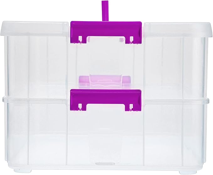 BTSKY 2 Layer Stack & Carry Box, Plastic Multipurpose Portable Storage Container Box Handled Organizer Storage Box for Organizing Stationery, Sewing, Art Craft, Jewelry and Beauty Supplies(Purple)