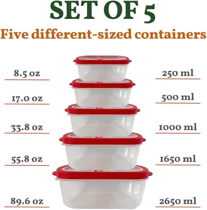 10-Piece Rectangle Food Storage Containers with Vented Lids, Airtight and BPA Free, Stackable, Microwave, Freezer, and Dishwasher Safe (RED)