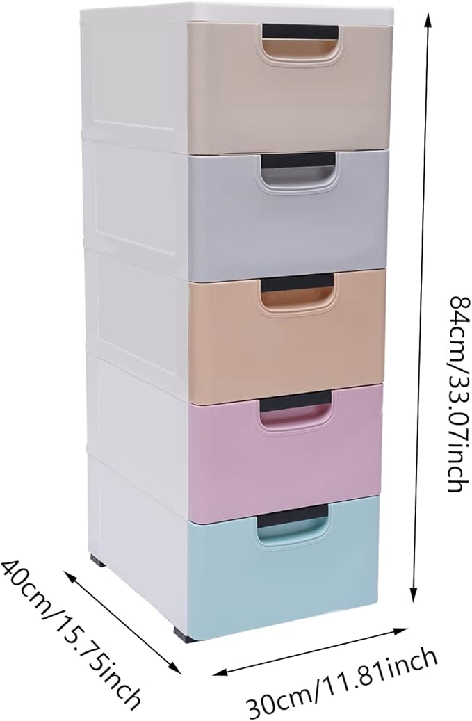 Plastic Storage Cabinet Stackable Storage Cart 5 Drawer Containers Storage Organizer Unit Mobile Stacking Bins [Multi Color 11.8"x15.7"x33.1"]