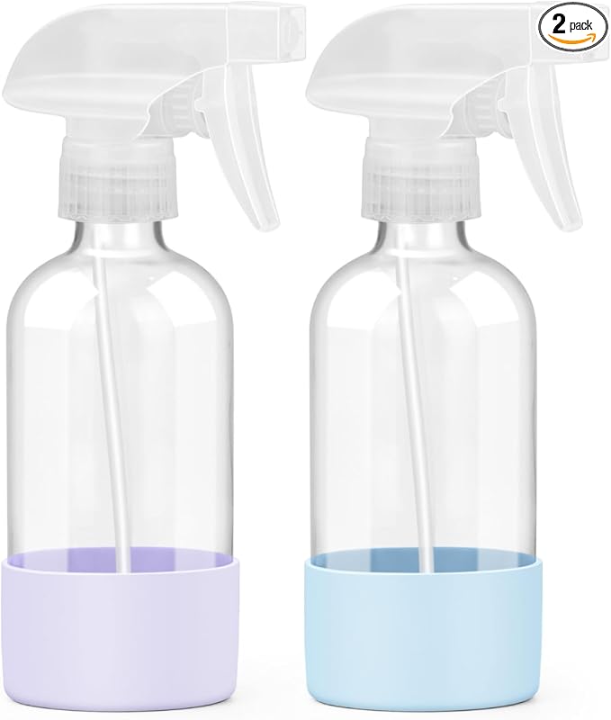 Worldgsb 2 Pack Glass Spray Bottles 8 oz, Empty Refillable Containers with Silicone Sleeve Protection, Glass Spray Bottles for Cleaning Solutions, Hair and Plants with Adjustable Nozzles Blue&Purple