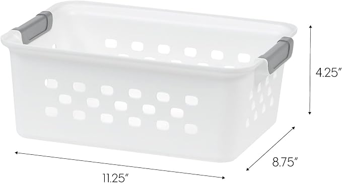 IRIS USA 8-Pack, Small Plastic Storage Basket, White | Organize pantry items, office supplies, crafts, accessories, and household essentials with easy-carry storage for shelves