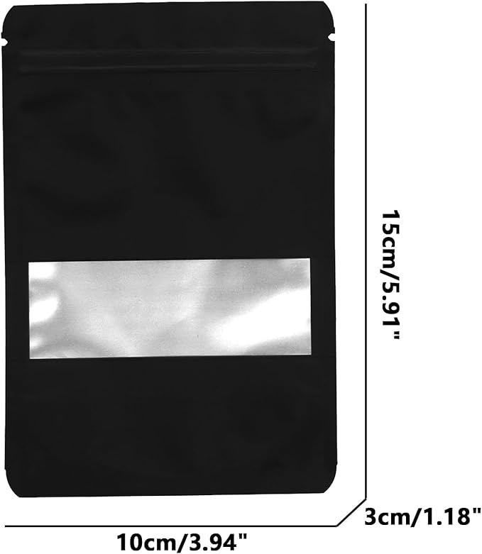 100PCS Foil Pouch Mylar Bags with Clear Window,ULIFESTAR Stand Up Sealable Bags with Tear Notches,Resealable for Food,Party Favors,Gift Packaging and Small Business(10 * 15cm/3.94 * 5.91",Black)