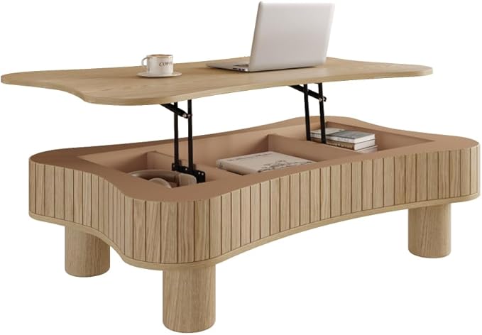 Lift Top Coffee Table with Hidden Storage Fluted Panel Silent Hydraulic Lift Curved Corners (Natural)