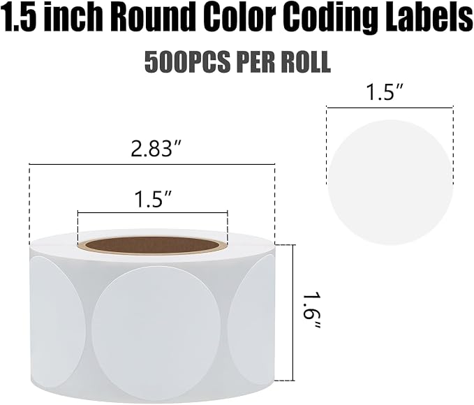 Hybsk White Color Coding Dot Labels Round Semi Gloss Paper Stickers Adhesive Label (1.5 inch)