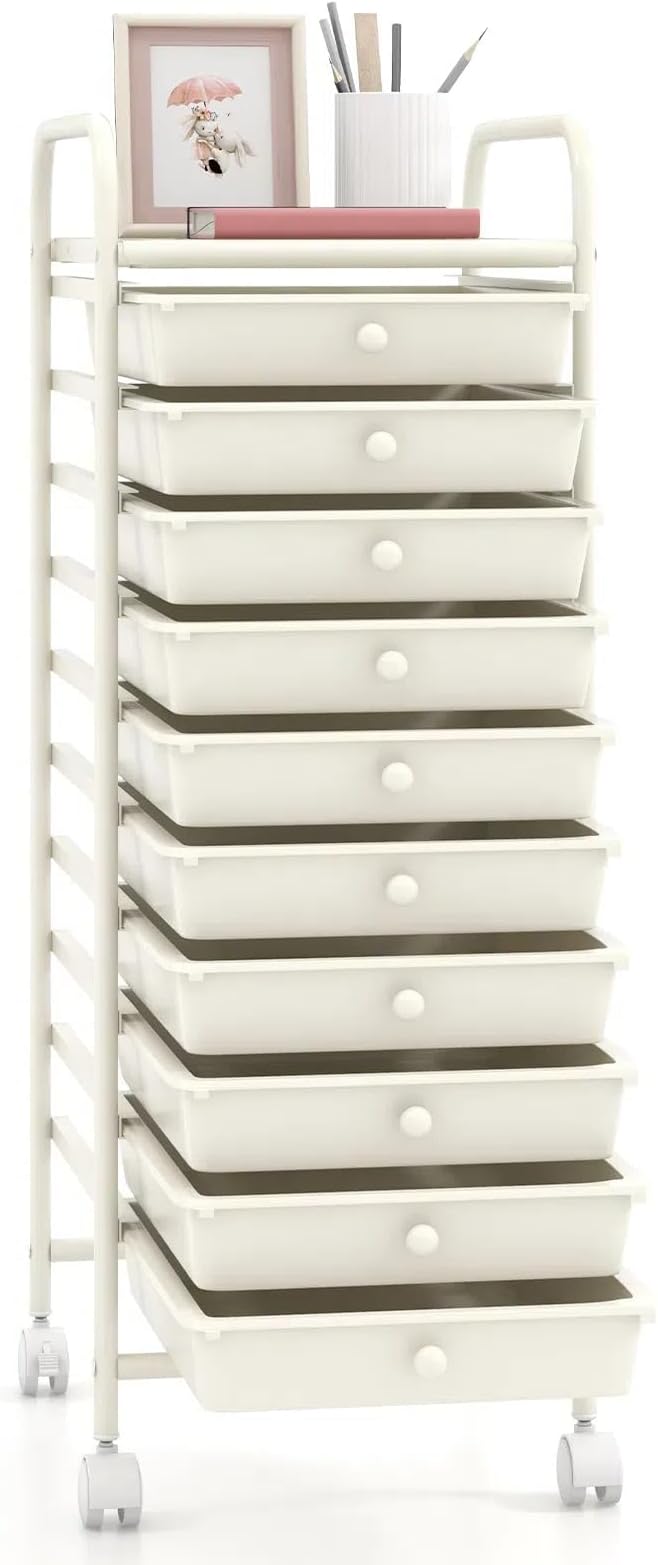 DREAMADE Rolling Cart with Storage Drawers, Utility Cart w/Removable Plastic Drawers, Lockable Wheels, Art Cart for Classroom Organization Art Supplies Office Scrapbook (10 Drawers, White)