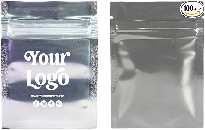 100PCS Customized Mylar Zipper Bags,Clear Front Resealable Packaging Pouches For Food Storage,Single Color Printing for Logo/Text/QR Code (Silver, 6.5 * 9CM/2.6"*3.5"-100PCS-One Color Print)