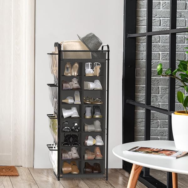 Simple Houseware 16 Cube Shoe Stand Tower Rack 8 Tier, Dark Gray | Top Shelf and Side Hanging Pockets