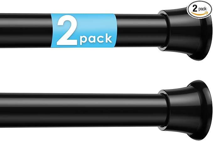 2Pcs Tension Curtain Rod 24 To 46 Inch Black Shower Curtain Rod No Drilling Adjustable Spring Loaded Curtain Rods Shower Rods For Bathroom Windows Bedroom Closet Doorway Door