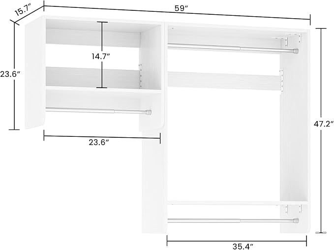 Unikito 36” - 60” Closet System, 5FT Walk in Closet Organizer Starter Kits with 3 Hanging Rods and 2 Shelves, Heavy Duty Reversible Wood Clothing Racks, Cut Be Cut to Fit, Max Load 800 LBS, White