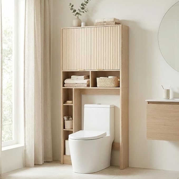 AKMAKM 31''W Over the Toilet Storage Cabinet with Fluted Door, Oak Bathroom Organizer with Adjustable Shelf, 67''H Tall Natural Toilet Paper Holder Stand Wave Door for Restroom, Laundry Room
