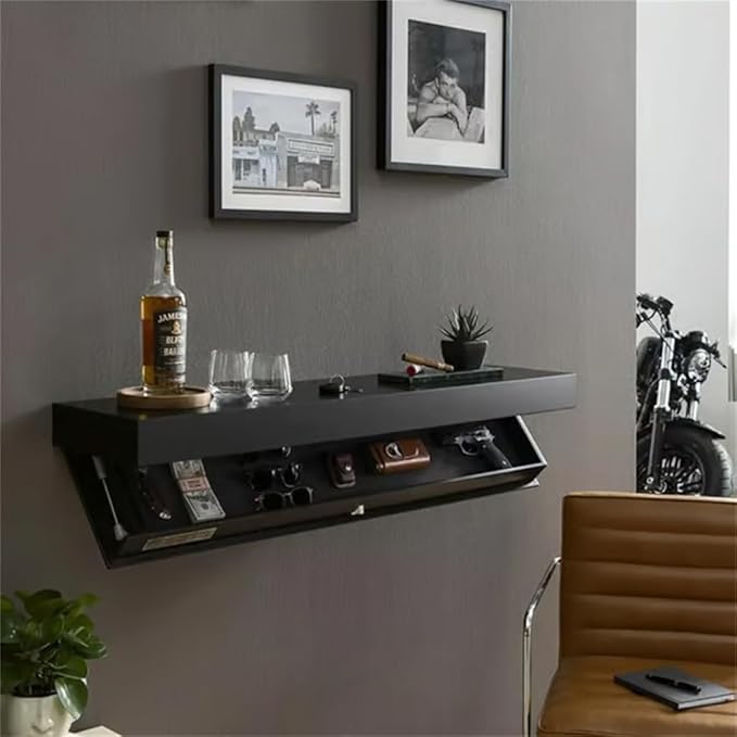 Wall Hanging Storage Box Rectangle Sturdy Durable Wood Hidable Double Layer Storage Case for Bedroom Living Room Office(Black)