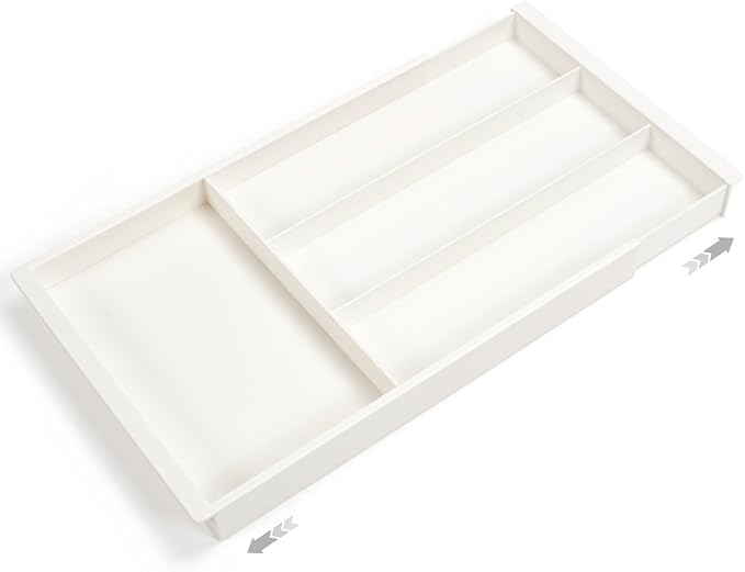 Silverware Drawer Organizer Tray (Cream) | Adjustable Small Utensil Holder for Spoon and Fork, Expandable Flatware Cutlery Tray for Kitchen Drawers