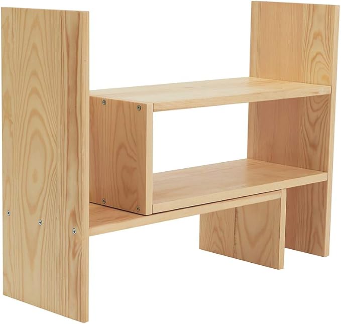 Liry Products Beige Adjustable Extendable Natural Wood Desktop Organizer Caddy Desk Organizer Countertop Shelf Bookcase Display Stand Rack Expandable Storage Office Home