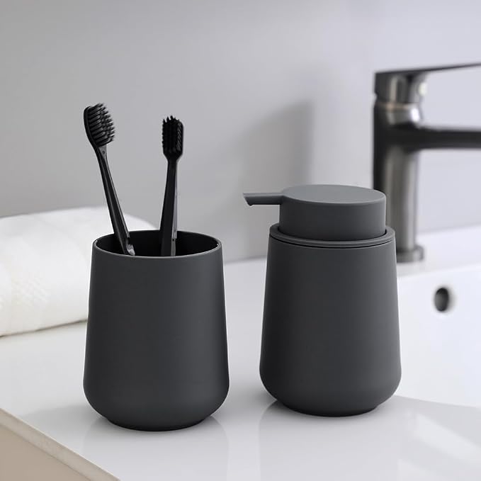 YAUKPH Matte Gray Liquid Hand Soap Dispenser Plastic 11 oz - Modern Minimalist Style for Bathroom & Kitchen Countertop Refillable