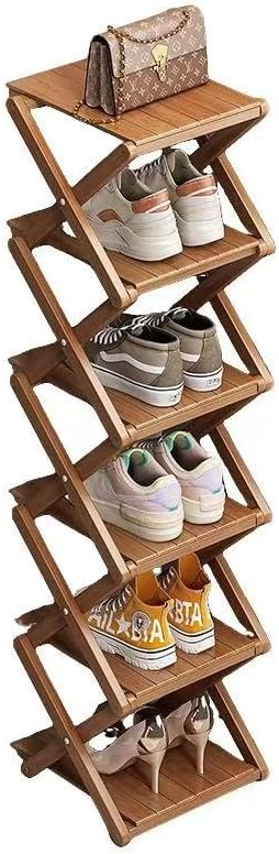 Bamboo Shoe Rack - No Assembly Required, Tall Narrow Foldable Shoe Organizer, Space-Saving Multifunctional Shelf for Entryways, Corners, Bedrooms, Balconies, 6 Layer Brown (Reinforced And Thickened )