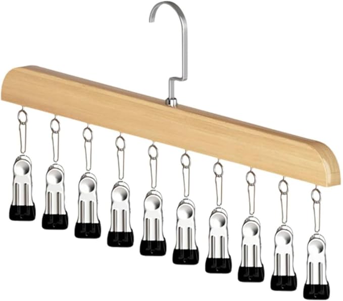 2026 Closet Organizer with 10 Clips, Space Saving Hanging Closet Storage for Hats, Scarves, Socks, Jeans, Skirts & Pants, Multi-Purpose Clothes Hanger with Clips (1PCS, Wood)