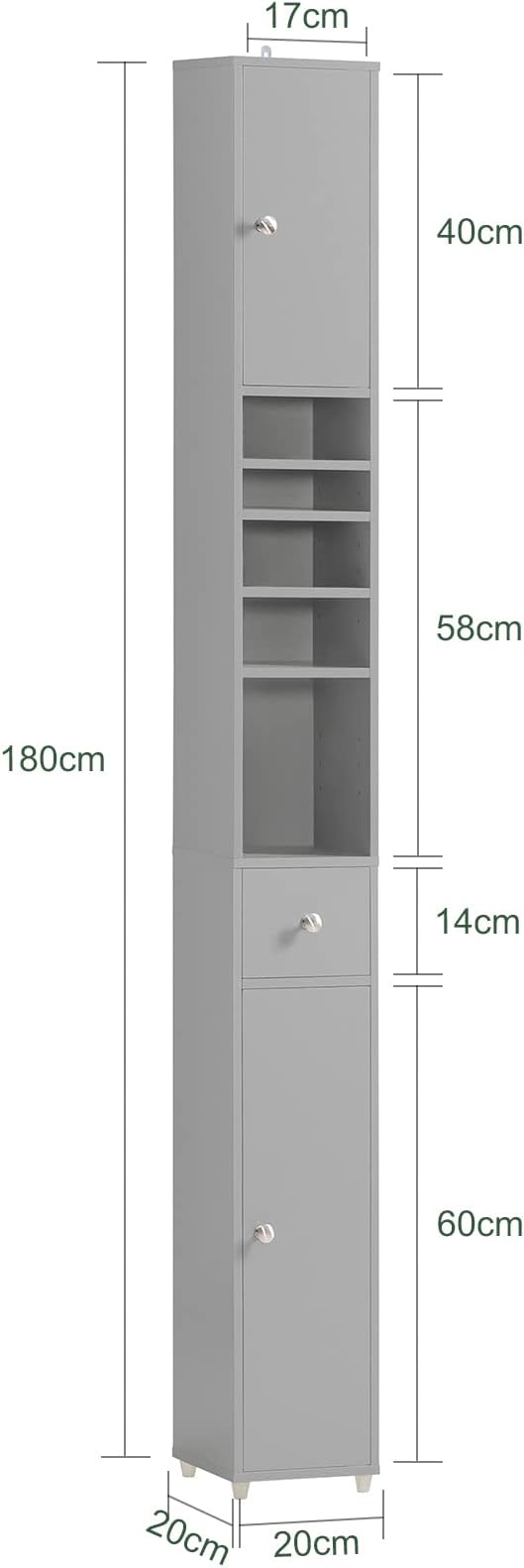 SoBuy Bathroom Storage Cabinet Adjustable Shelves, Tall Narrow, Gray | Freestanding Bathroom Organizer With Customizable Shelves, Fit Small Laundry & Bathroom Corners, BZR34-HG