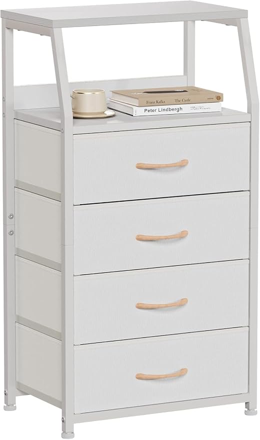 Furnulem Tall 4 Drawers Dresser, Vertical Storage Tower for Bedroom, Hallway, Entryway, Nursery, Closet Organizer, Nightstand Bedside Table Furniture, Sturdy Steel Frame, Wood Top, White