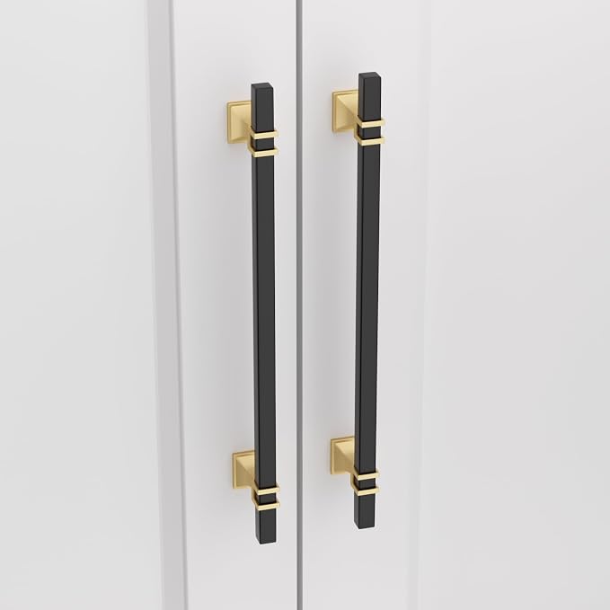 25 Pack 10 Inch (256mm) Black and Gold Cabinet Pulls Kitchen Cabinet Handles, Black and Gold Cabinet Handles Square Dresser Drawer Pulls Black Kitchen Cabinet Hardware