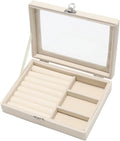 Small Velvet Jewelry Tray with Clear Lid, Lockable Ring Earring Holder Organizer Storage Box Case Jewelry Box Organizer for Rings Earrings Bracelets Brooches, 2-in-1 Beige