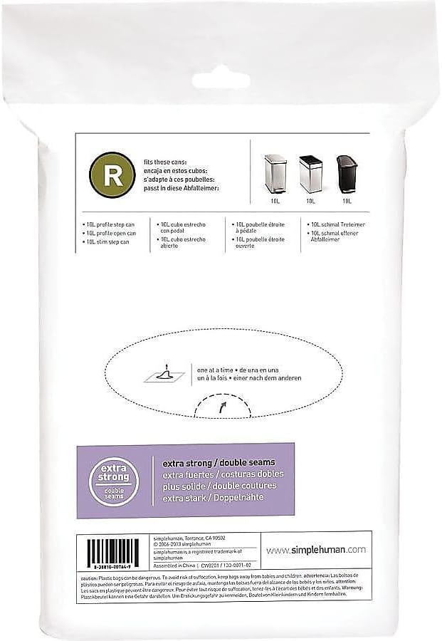 simplehuman Code R Custom Fit Drawstring Trash Bags, 10 Liter / 2.6 Gallon, 12 Refill Packs (240 Count)
