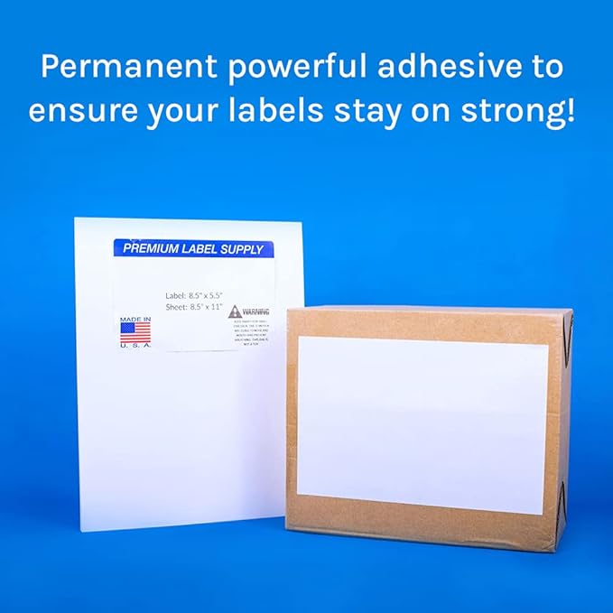 Premium Label Supply White Sticker Half Sheet Labels – 8.5" x 5.5" – Laser/Inkjet Compatible – (2 per Sheet), 200 Sheets - 400 Total Adhesive Labels
