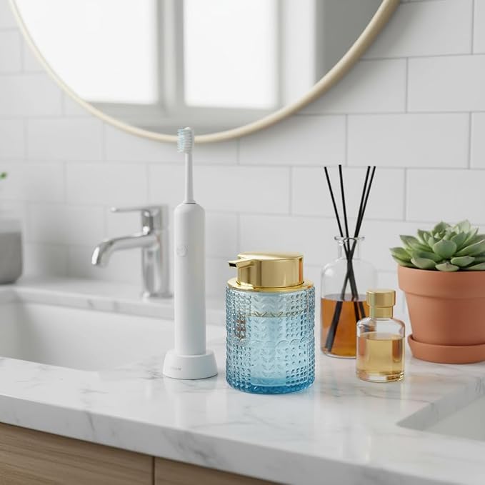 Foaming Soap Dispenser, 2pcs Blue Glass Foam Soap Dispenser with Gold Pump, Refillable 10oz Lotion Liquid Container Pump Bottle for Bathroom Kitchen Countertop