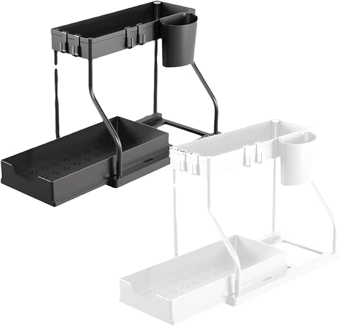 Under Sink Organizers and Storage, 2-Tier Sliding Cabinet Basket Organizer with Hooks, Multi-Purpose Under Sink Organizers and Storage for Bathroom Kitchen (Black and White, 2 PCS)