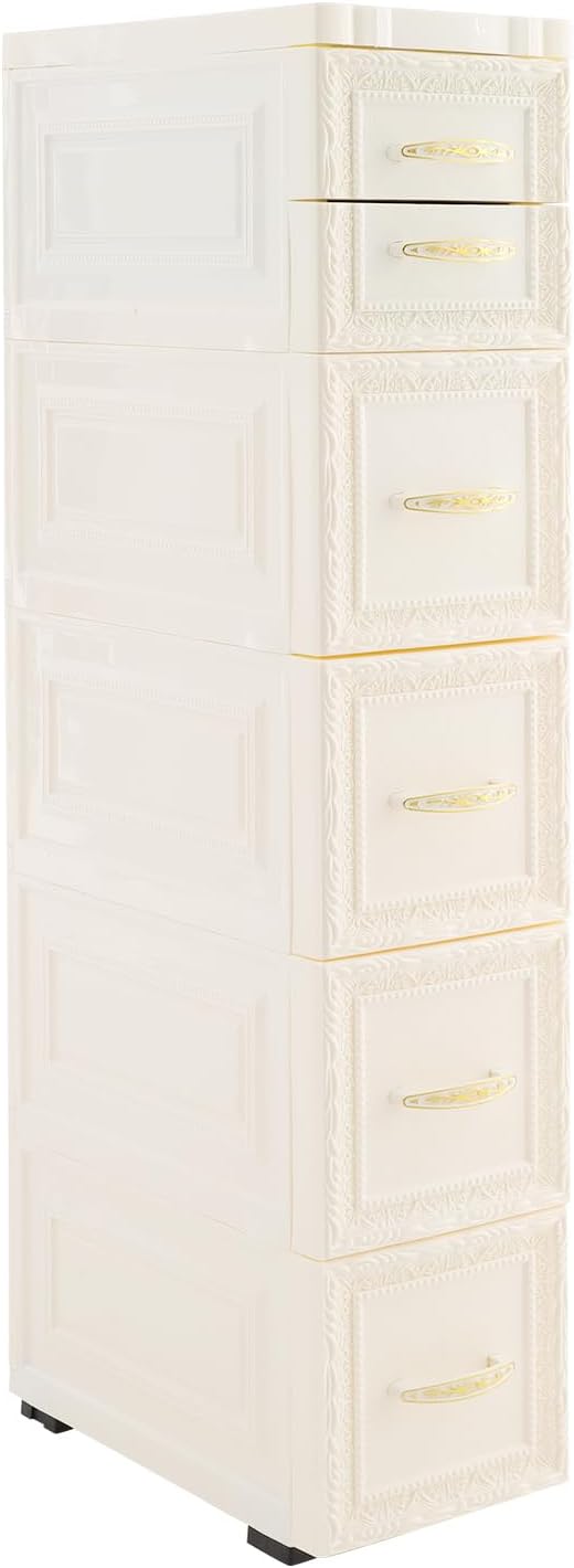 Storage Cabinet, 6 Drawers Narrow Plastic Organizer Cabinet with Wheels, Vertical Drawer Storage Unit, Mobile Slim Utility Furniture for Office, Living Room, Bedroom, Garage (White)