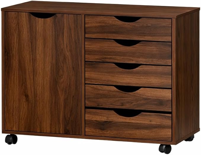 Naomi Home Wooden 5 Drawer Dresser with Cabinet Shelves and Wheels, Drawer Dresser for Bedroom Closet and Dressing Room Storage in Brown Oak