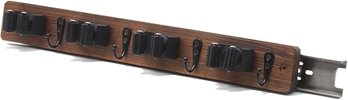 Left Pull Out Broom Holder Wall Mount, Broom and Mop Organizer Wall Hanging for Garage Garden Organize, Rustic Wood Broom Hanger with 4 Slots and 4 Hooks for Home Décor, Kitchen and Closet